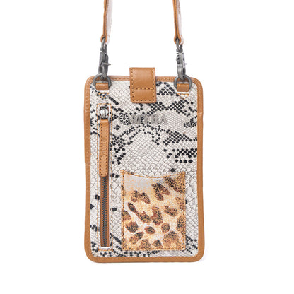 Myra Cedar Snake Print Leather Cell Phone Holder in Ebony Cream Myra USA