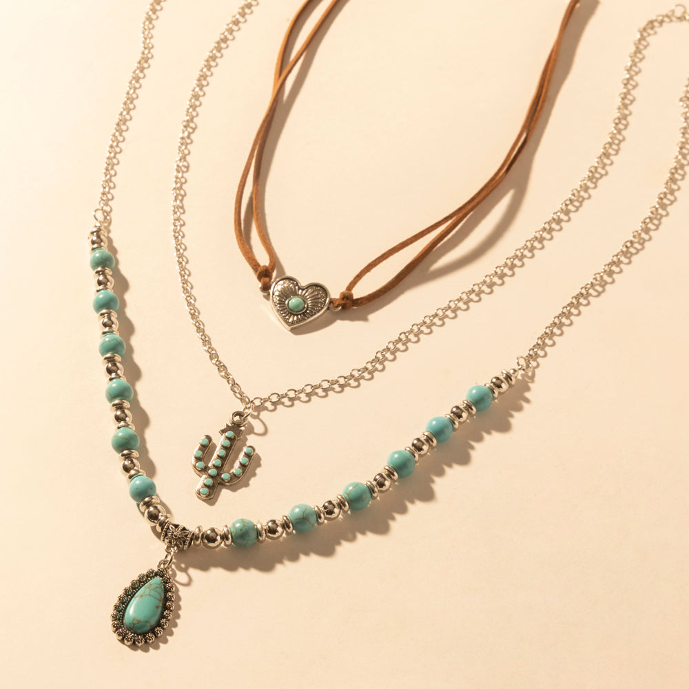 Myra Boho Mesa Layered Necklace for Women with turquoise bead and cactus pendant detail for western wear Myra USA