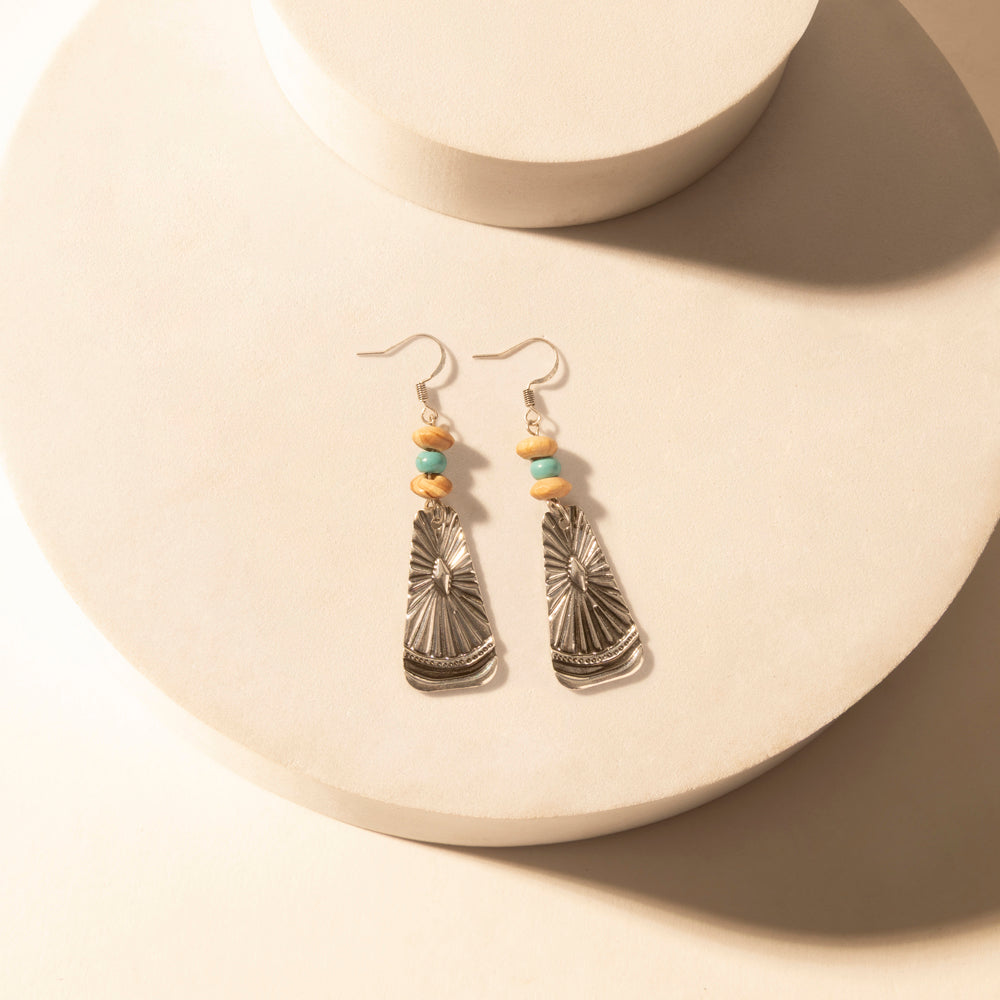 Myra Sedona Sun Dangle Earrings for Women with turquoise tooled detail for everyday western wear Myra USA
