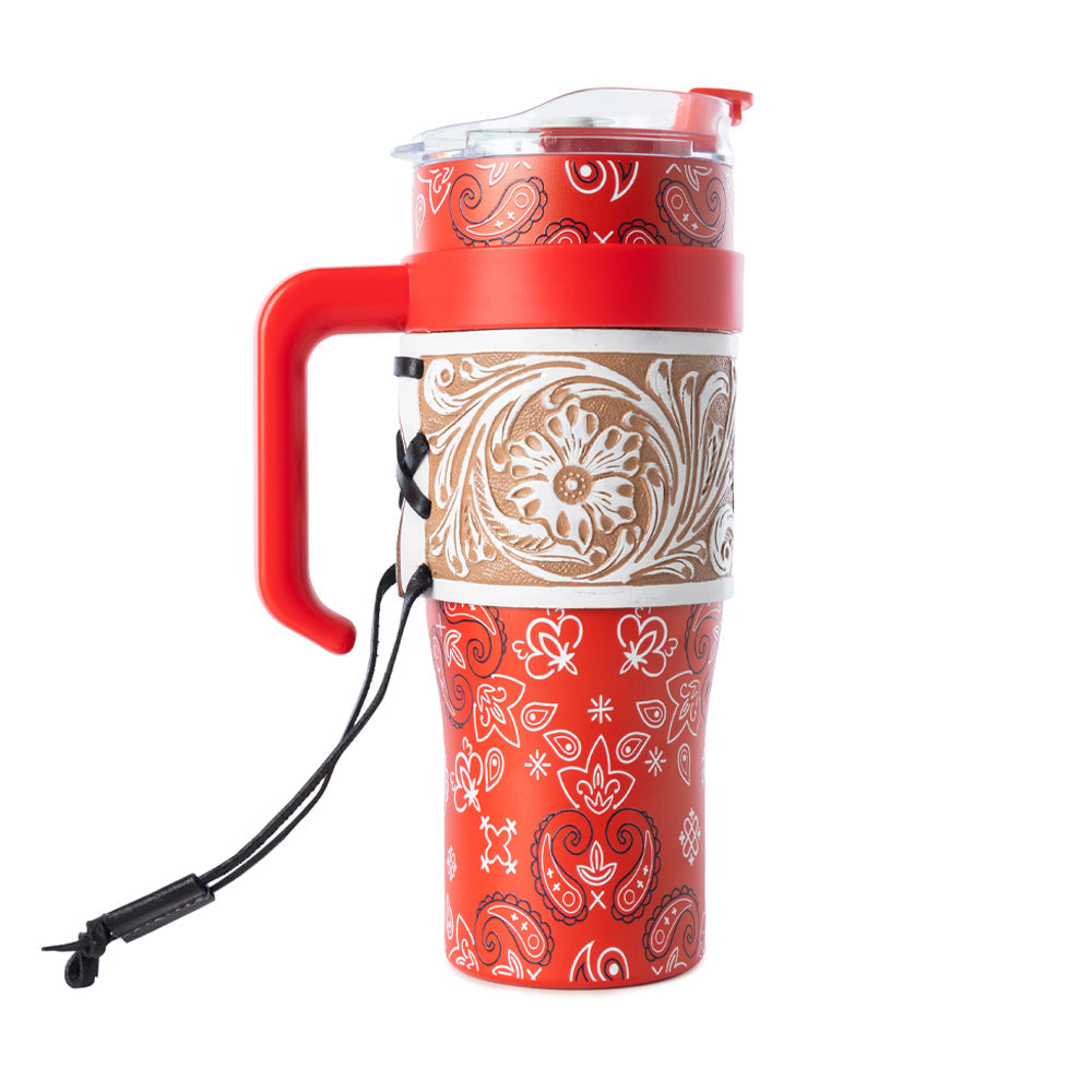 Myra Bandana Tooled Western Tumbler in Red Stainless Steel with Handtooled Leather and Handle for Use Myra USA