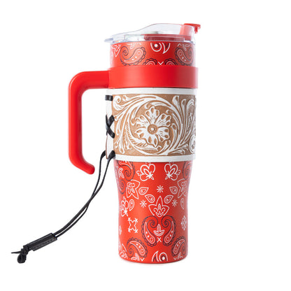 Myra Bandana Tooled Western Tumbler in Red Stainless Steel with Handtooled Leather and Handle for Use Myra USA