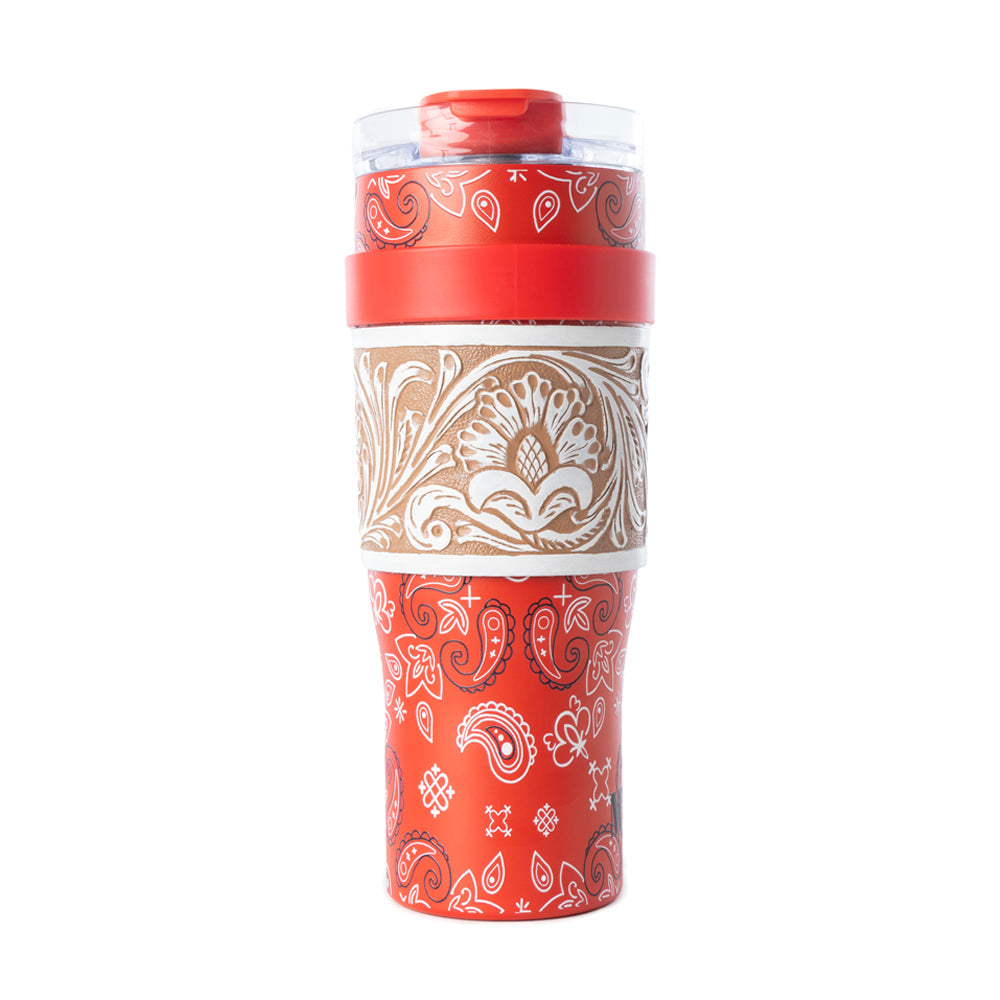 Myra Bandana Tooled Western Tumbler in Red Stainless Steel with Handtooled Leather and Handle for Use Myra USA