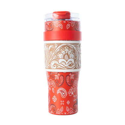 Myra Bandana Tooled Western Tumbler in Red Stainless Steel with Handtooled Leather and Handle for Use Myra USA
