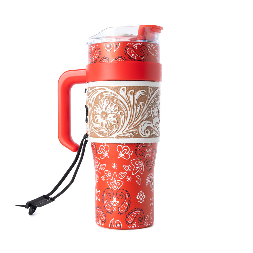 Myra Bandana Tooled Western Tumbler in Red Stainless Steel with Handtooled Leather and Handle for Use Myra USA
