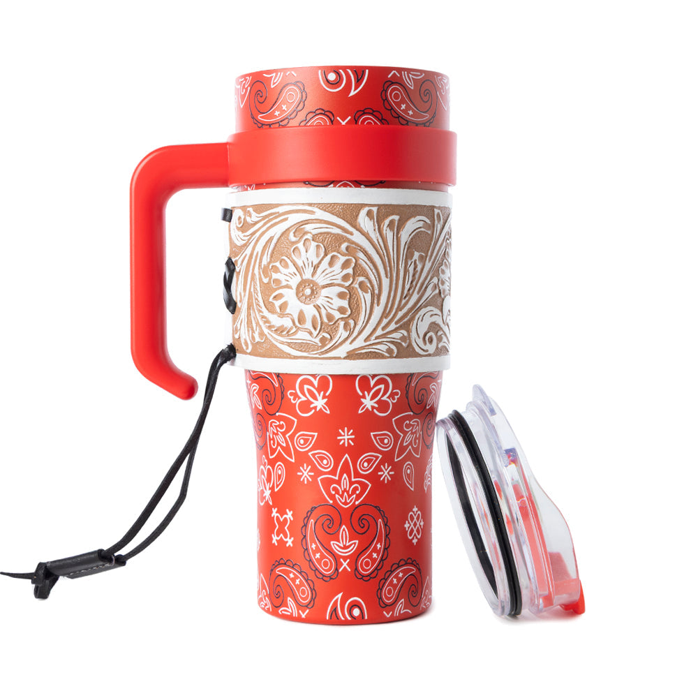 Myra Bandana Tooled Western Tumbler in Red Stainless Steel with Handtooled Leather and Handle for Use Myra USA