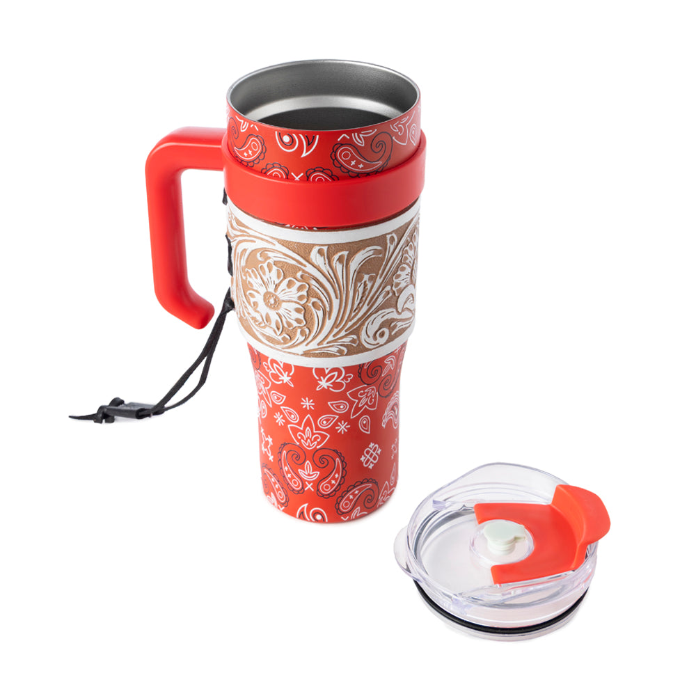 Myra Bandana Tooled Western Tumbler in Red Stainless Steel with Handtooled Leather and Handle for Use Myra USA