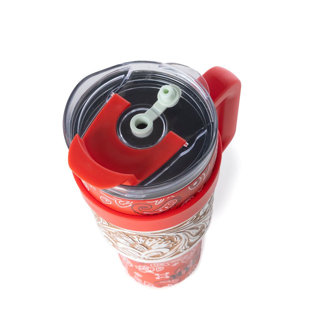 Myra Bandana Tooled Western Tumbler in Red Stainless Steel with Handtooled Leather and Handle for Use Myra USA