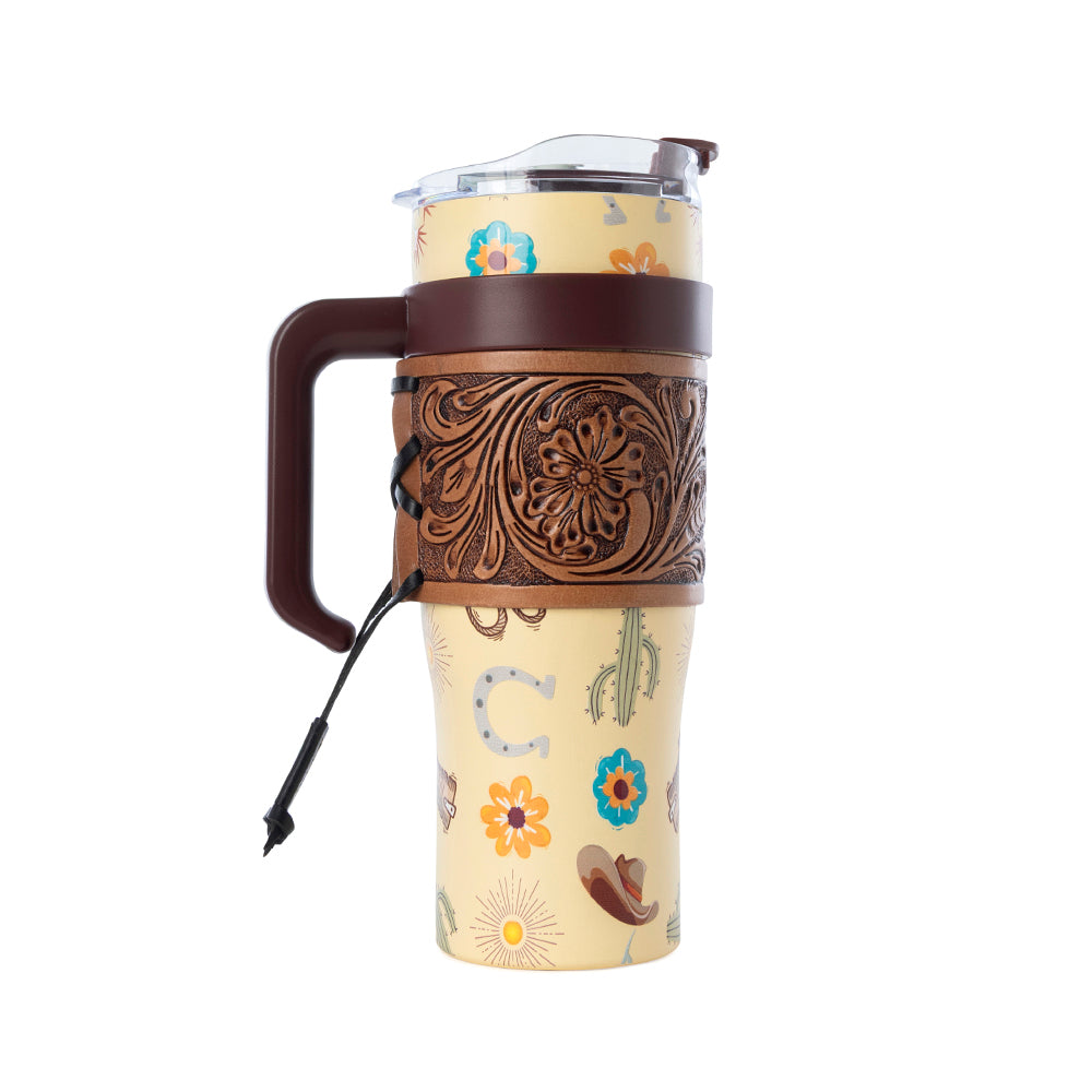 Myra Trailkissed Western Tumbler in Yellow Stainless Steel with Leather Wrap and Handle for Everyday Use Myra USA