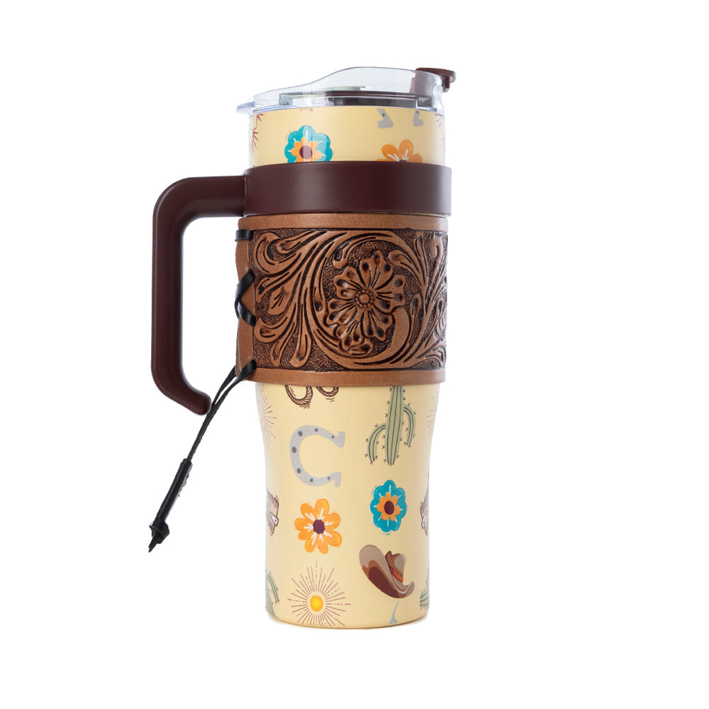 Myra Trailkissed Western Tumbler in Yellow Stainless Steel with Leather Wrap and Handle for Everyday Use Myra USA