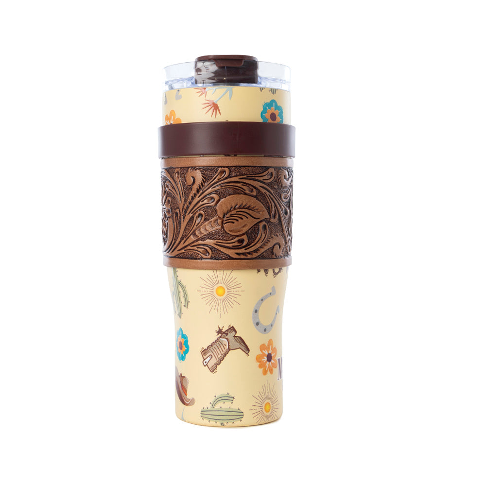 Myra Trailkissed Western Tumbler in Yellow Stainless Steel with Leather Wrap and Handle for Everyday Use Myra USA