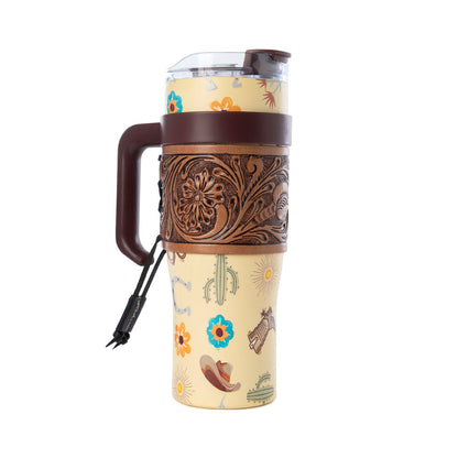 Myra Trailkissed Western Tumbler in Yellow Stainless Steel with Leather Wrap and Handle for Everyday Use Myra USA