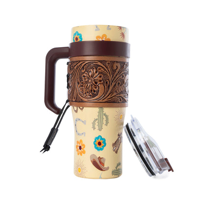 Myra Trailkissed Western Tumbler in Yellow Stainless Steel with Leather Wrap and Handle for Everyday Use Myra USA