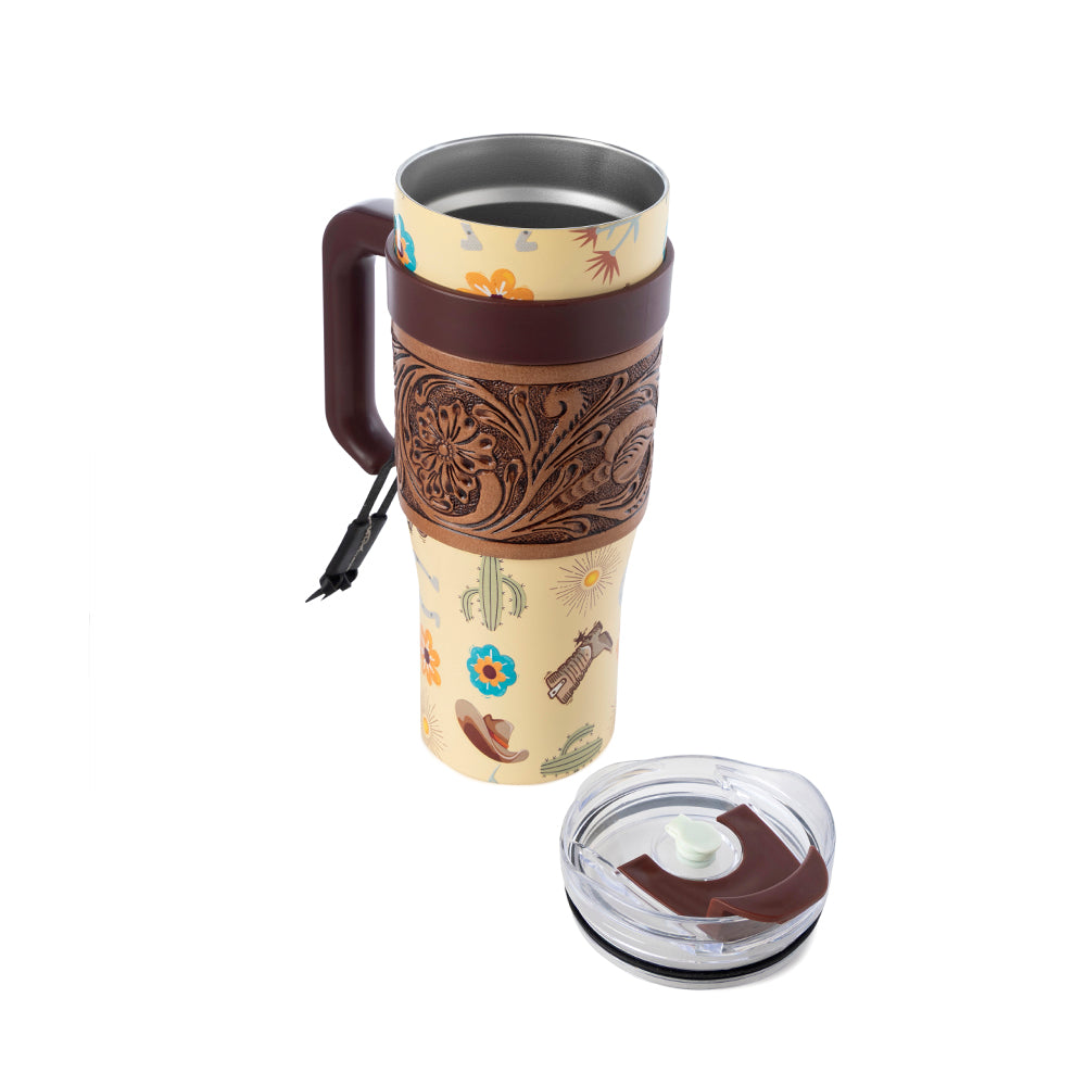 Myra Trailkissed Western Tumbler in Yellow Stainless Steel with Leather Wrap and Handle for Everyday Use Myra USA