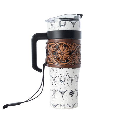 Myra Westmark Tooled Western Tumbler in White Stainless Steel with Leather Wrap and Handle for Use Myra USA