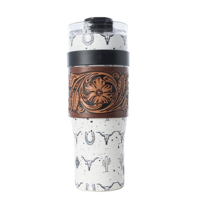 Myra Westmark Tooled Western Tumbler in White Stainless Steel with Leather Wrap and Handle for Use Myra USA