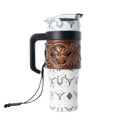 Myra Westmark Tooled Western Tumbler in White Stainless Steel with Leather Wrap and Handle for Use Myra USA
