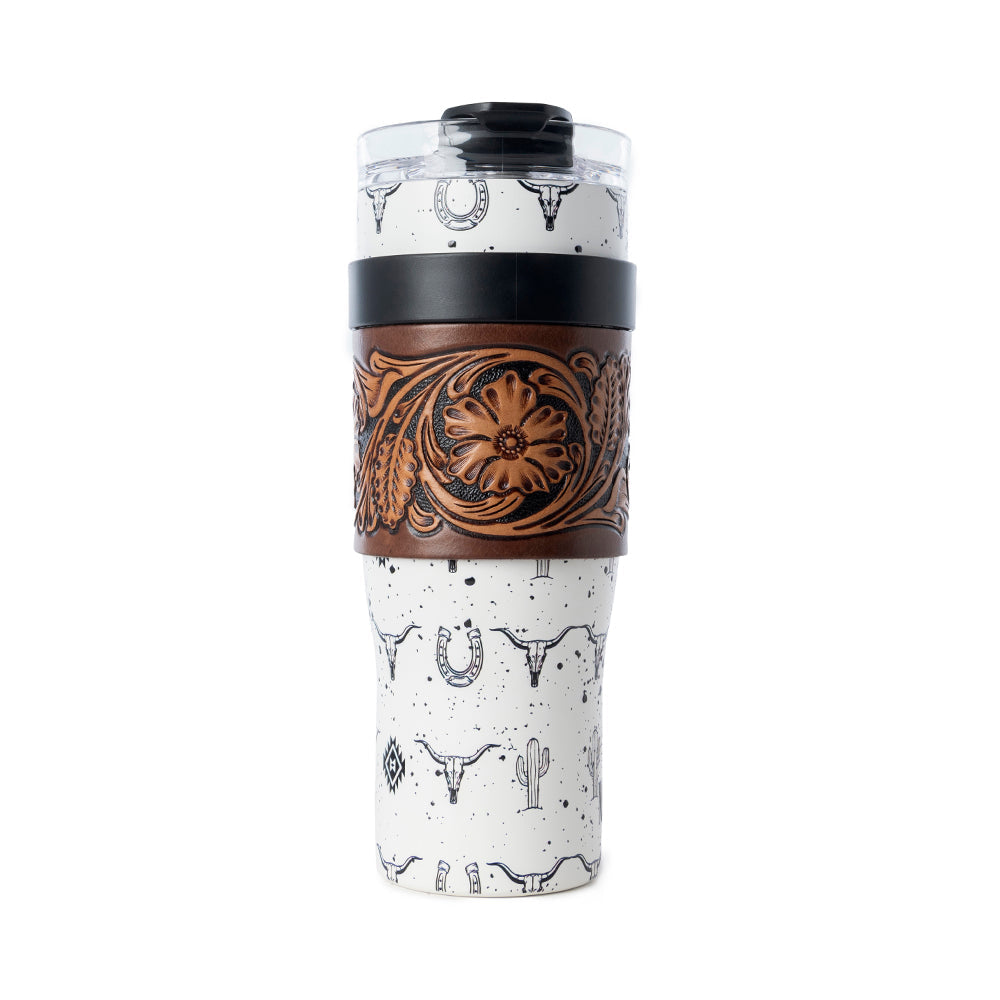 Myra Westmark Tooled Western Tumbler in White Stainless Steel with Leather Wrap and Handle for Use Myra USA