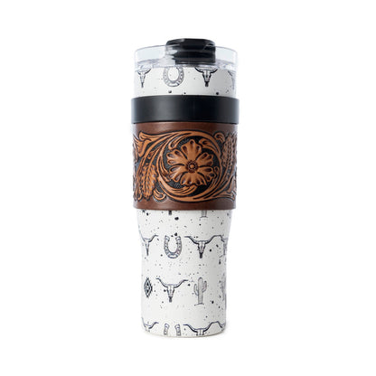 Myra Westmark Tooled Western Tumbler in White Stainless Steel with Leather Wrap and Handle for Use Myra USA