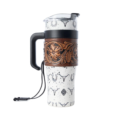 Myra Westmark Tooled Western Tumbler in White Stainless Steel with Leather Wrap and Handle for Use Myra USA