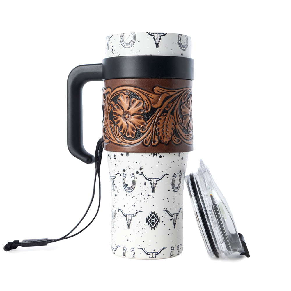 Myra Westmark Tooled Western Tumbler in White Stainless Steel with Leather Wrap and Handle for Use Myra USA