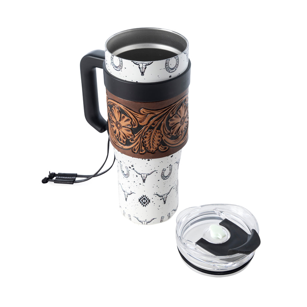 Myra Westmark Tooled Western Tumbler in White Stainless Steel with Leather Wrap and Handle for Use Myra USA