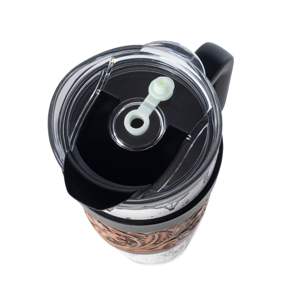 Myra Westmark Tooled Western Tumbler in White Stainless Steel with Leather Wrap and Handle for Use Myra USA