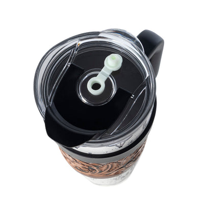 Myra Westmark Tooled Western Tumbler in White Stainless Steel with Leather Wrap and Handle for Use Myra USA