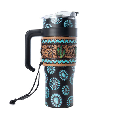 Myra Concho Crest Western Tooled Tumbler in Black Stainless Steel with Leather Wrap and Handle Myra USA
