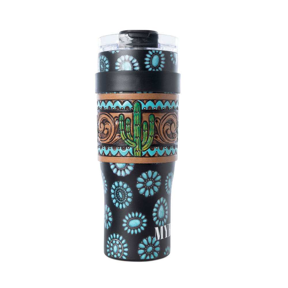Myra Concho Crest Western Tooled Tumbler in Black Stainless Steel with Leather Wrap and Handle Myra USA