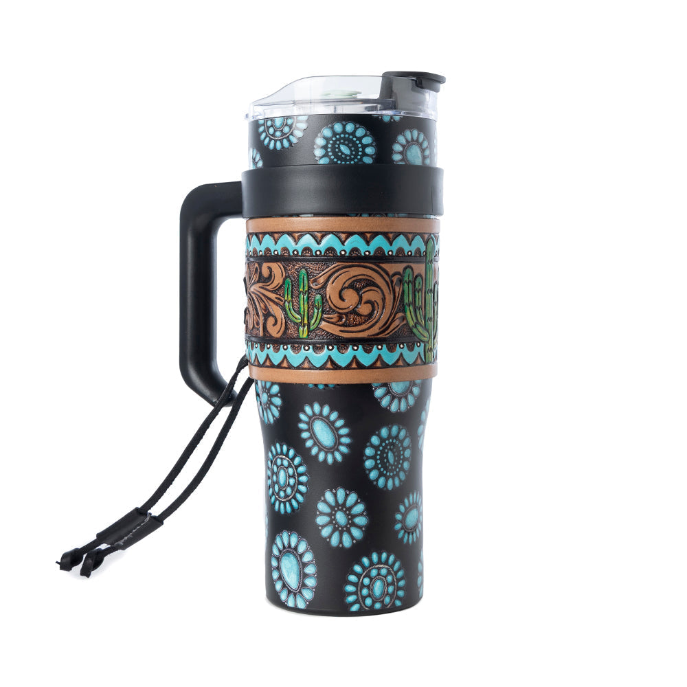 Myra Concho Crest Western Tooled Tumbler in Black Stainless Steel with Leather Wrap and Handle Myra USA