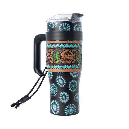 Myra Concho Crest Western Tooled Tumbler in Black Stainless Steel with Leather Wrap and Handle Myra USA