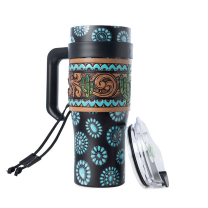 Myra Concho Crest Western Tooled Tumbler in Black Stainless Steel with Leather Wrap and Handle Myra USA