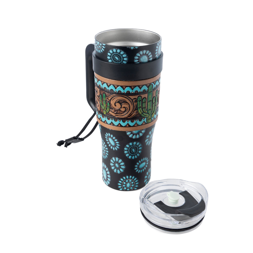 Myra Concho Crest Western Tooled Tumbler in Black Stainless Steel with Leather Wrap and Handle Myra USA