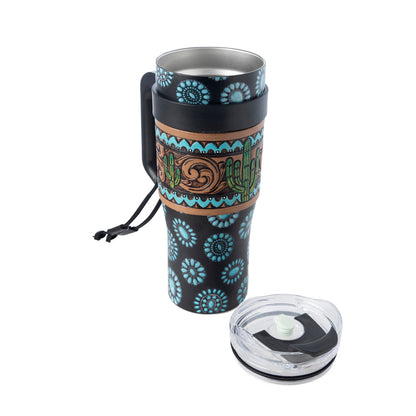 Myra Concho Crest Western Tooled Tumbler in Black Stainless Steel with Leather Wrap and Handle Myra USA