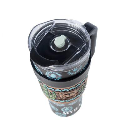 Myra Concho Crest Western Tooled Tumbler in Black Stainless Steel with Leather Wrap and Handle Myra USA