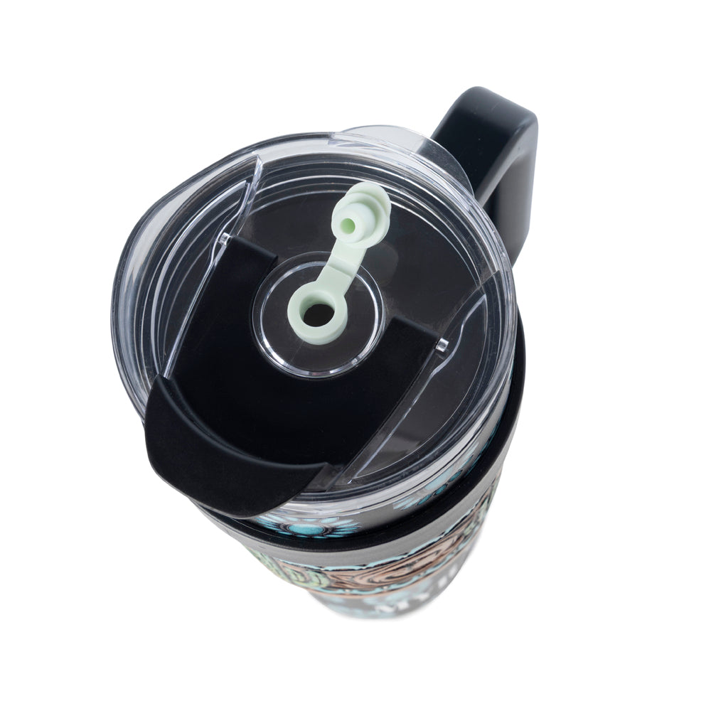 Myra Concho Crest Western Tooled Tumbler in Black Stainless Steel with Leather Wrap and Handle Myra USA
