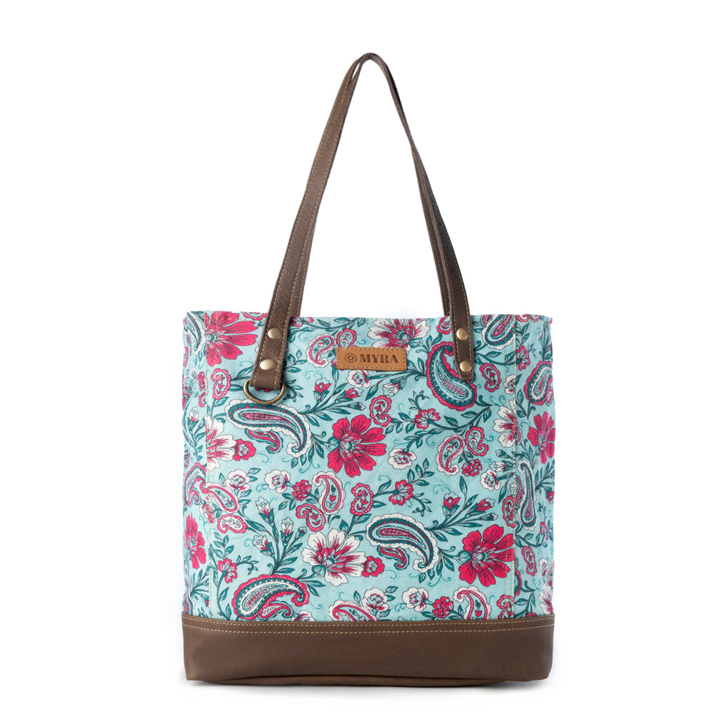 Myra Pinkpaisley upcycled canvas Tote Bag for Women in pink with leather detail Myra USA