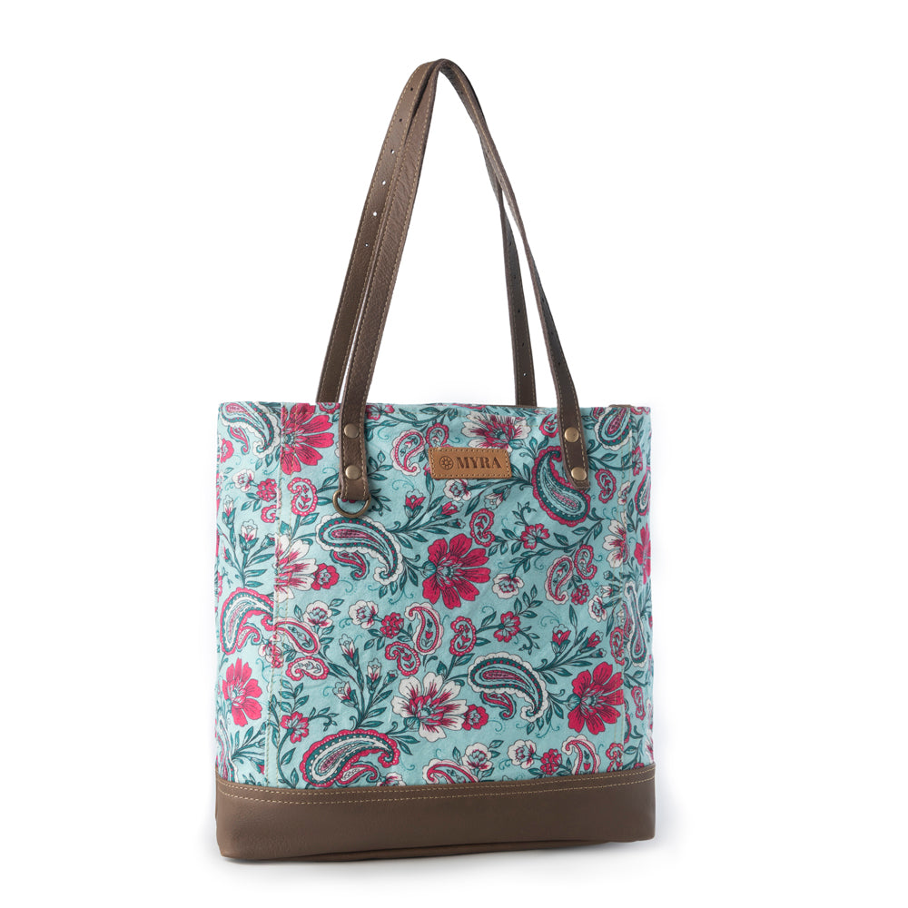 Myra Pinkpaisley upcycled canvas Tote Bag for Women in pink with leather detail Myra USA