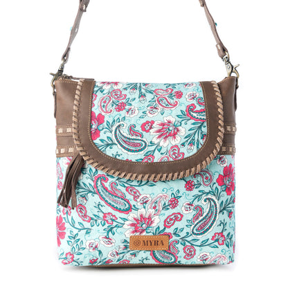 Myra Lagoon Lily upcycled canvas Bag for Women in blue with leather and weaved flap Myra USA