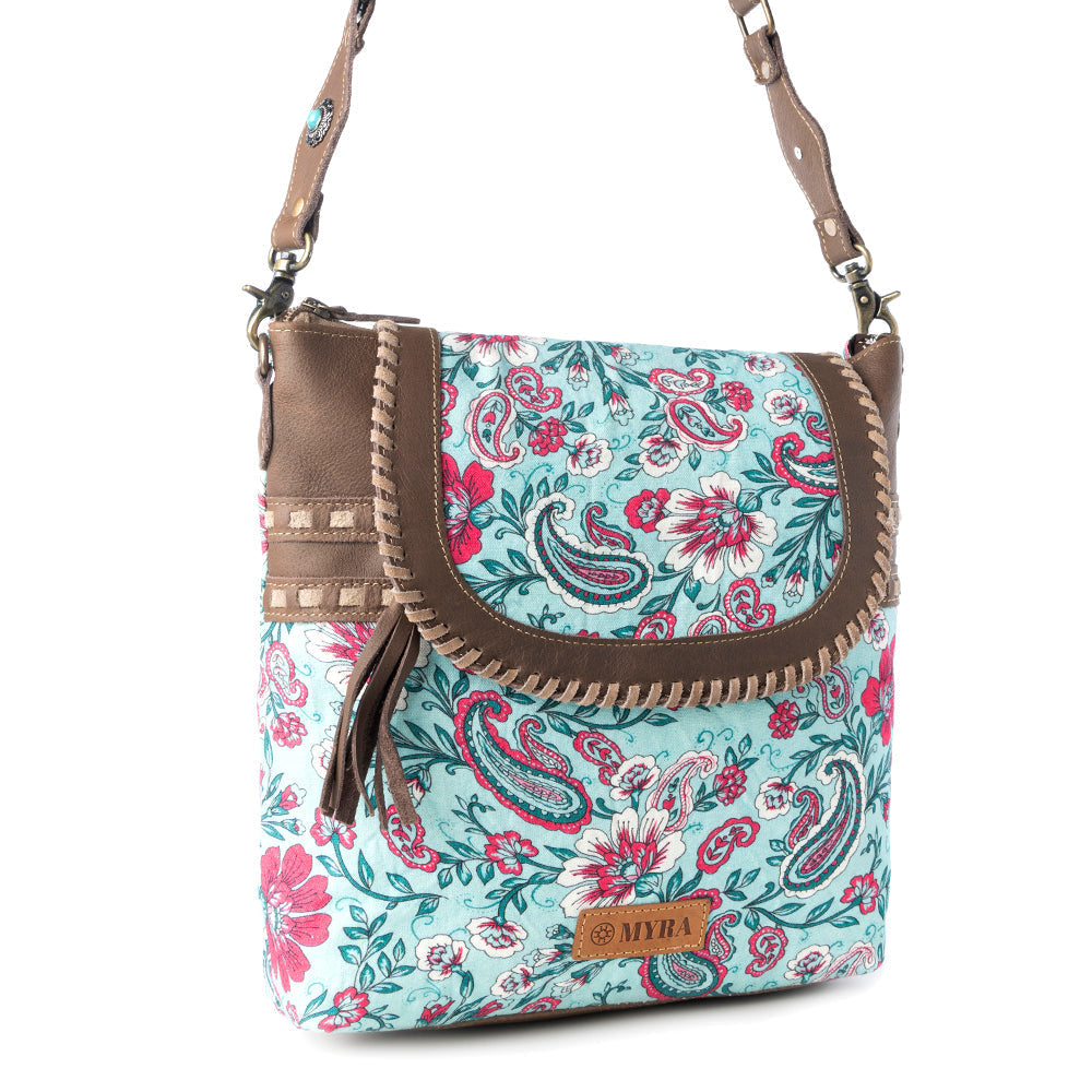 Myra Lagoon Lily upcycled canvas Bag for Women in blue with leather and weaved flap Myra USA