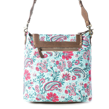 Myra Lagoon Lily upcycled canvas Bag for Women in blue with leather and weaved flap Myra USA