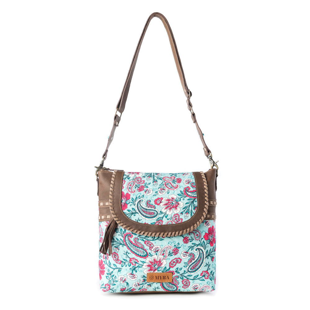 Myra Lagoon Lily upcycled canvas Bag for Women in blue with leather and weaved flap Myra USA
