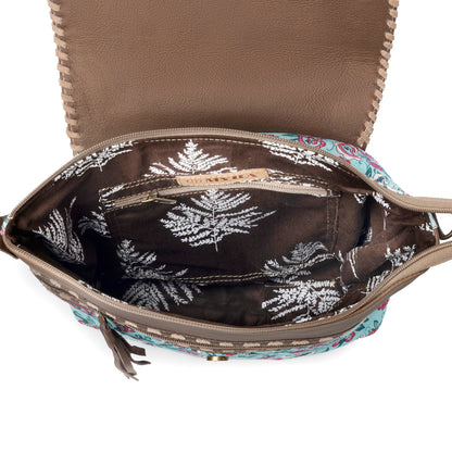 Myra Lagoon Lily upcycled canvas Bag for Women in blue with leather and weaved flap Myra USA