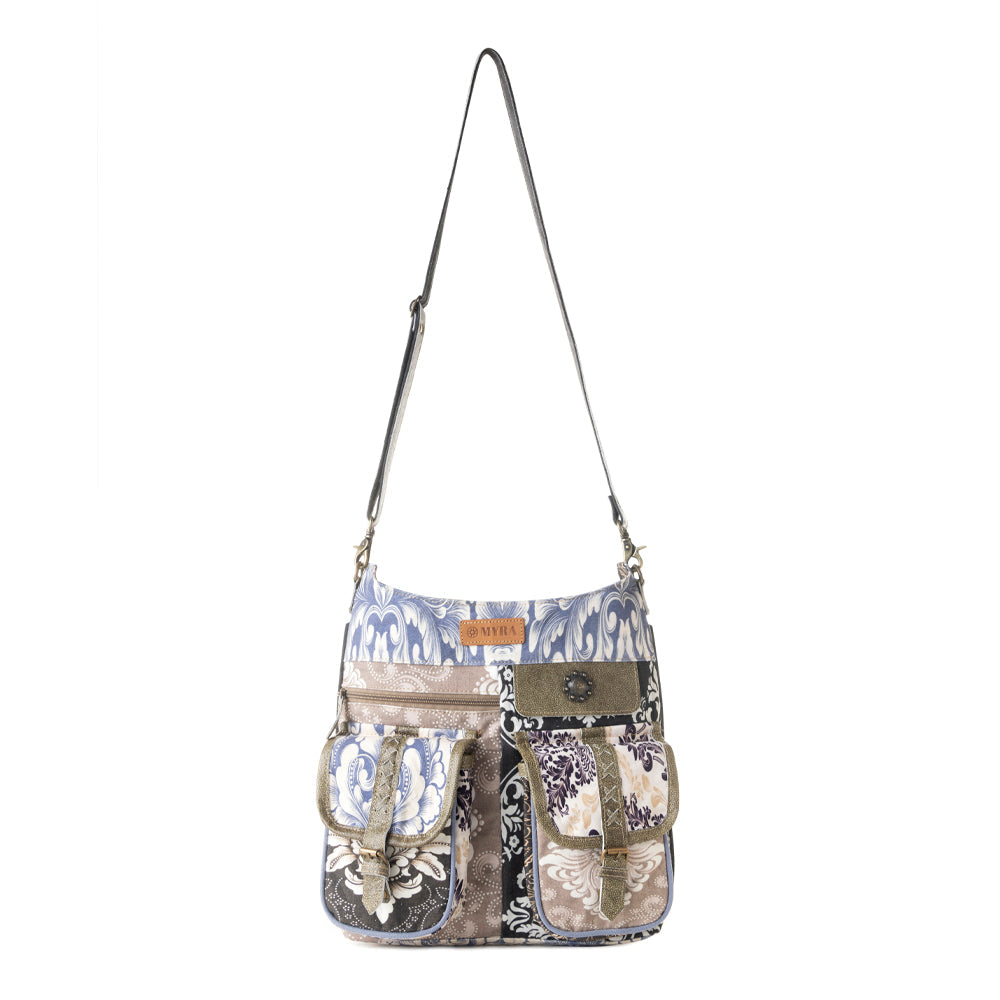 Myra Le Fleur Bel Cowgirl Shoulder Bag for Women in blue floral with leather and Concho details Myra USA