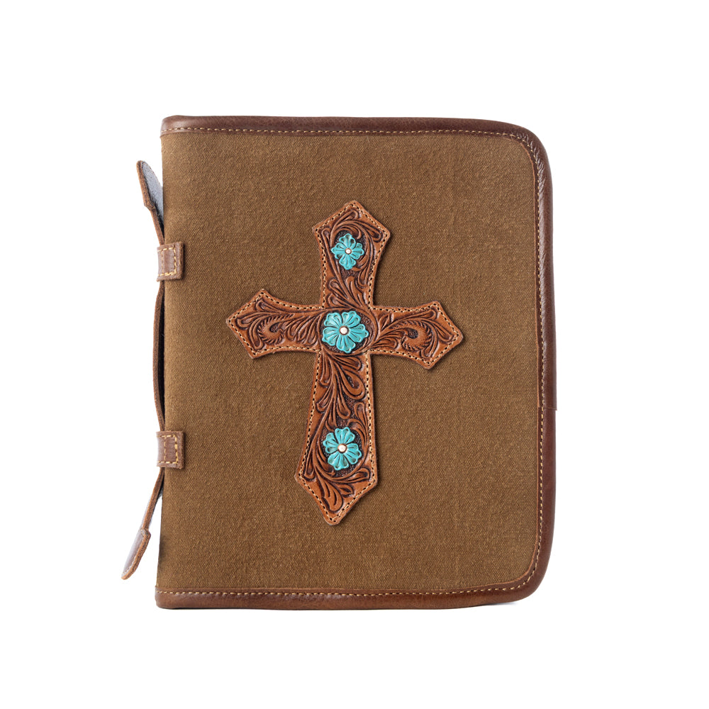 Myra Holycross Western Bible Cover in brown with flap closure and handtooled detail Myra USA