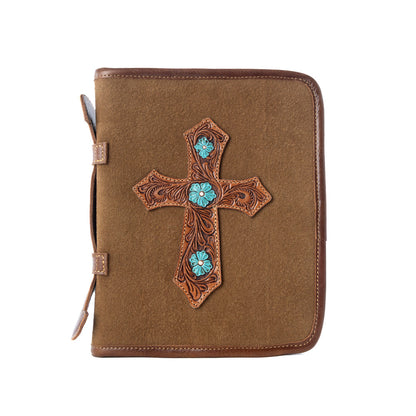 Myra Holycross Western Bible Cover in brown with flap closure and handtooled detail Myra USA