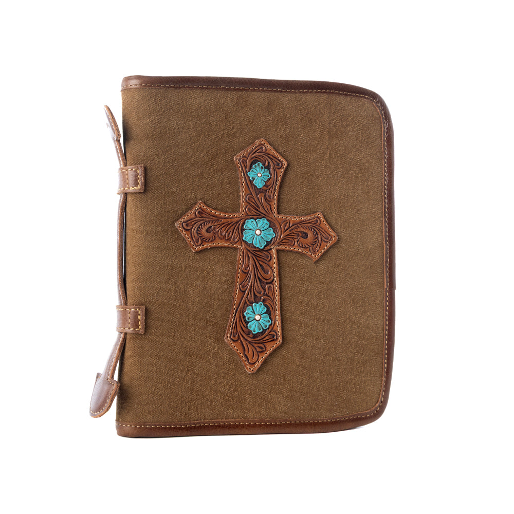 Myra Holycross Western Bible Cover in brown with flap closure and handtooled detail Myra USA