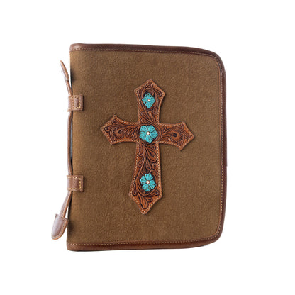 Myra Holycross Western Bible Cover in brown with flap closure and handtooled detail Myra USA