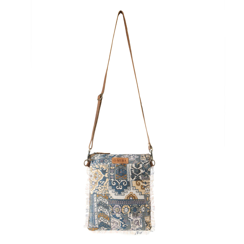 Loom Tapestry vintage crossbody Bag for Women in indigo with fringe detail Myra USA