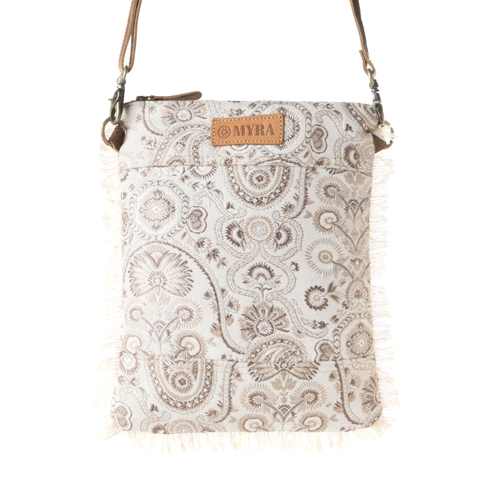 Loom Tapestry upcycled canvas crossbody Bag for Women in sage with fringe detail Myra USA